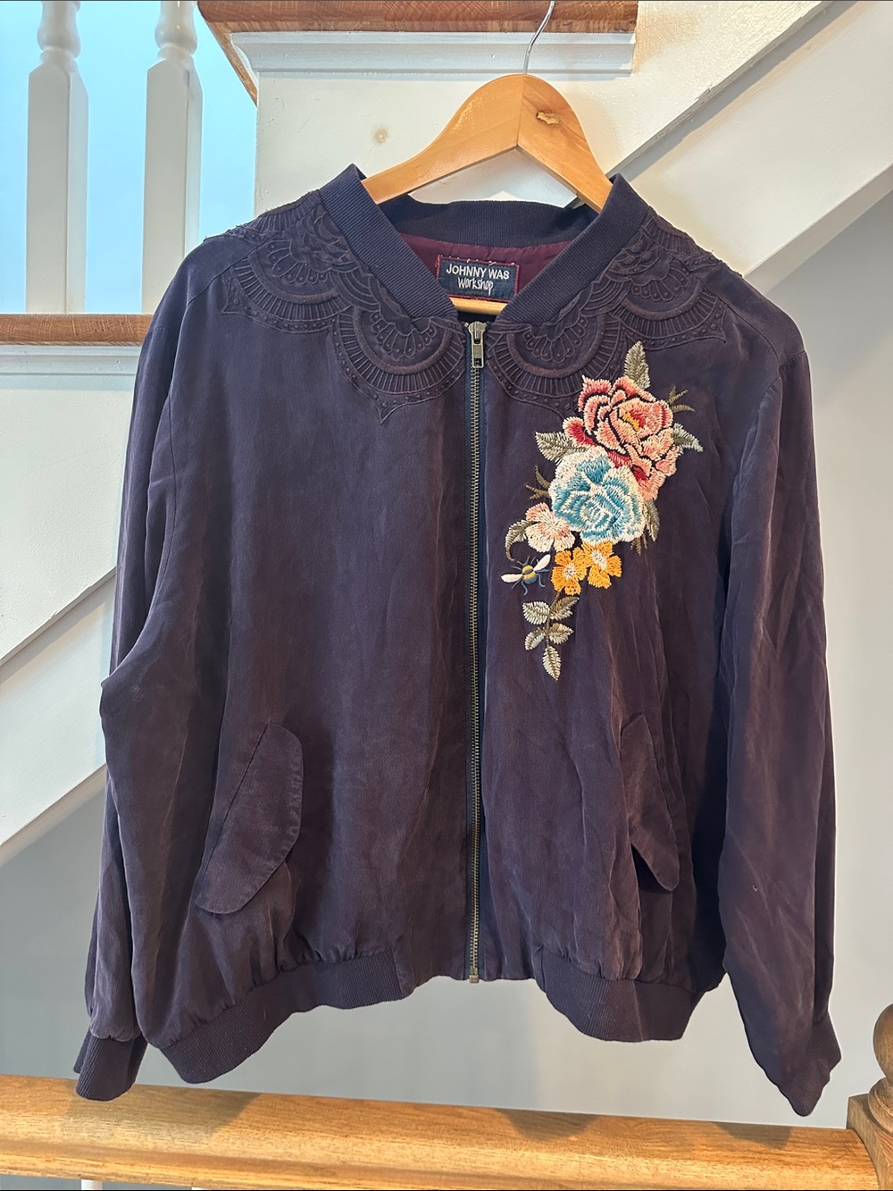 Johnny Was dark plum boho Embroidered Floral silk Bomber Jacket size PXL